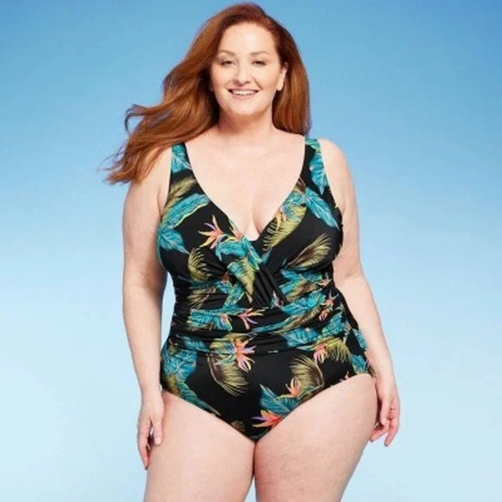 Aqua Green New With Tags Tropical Leaf One Piece Swimsuit Size 24 Tummy Control